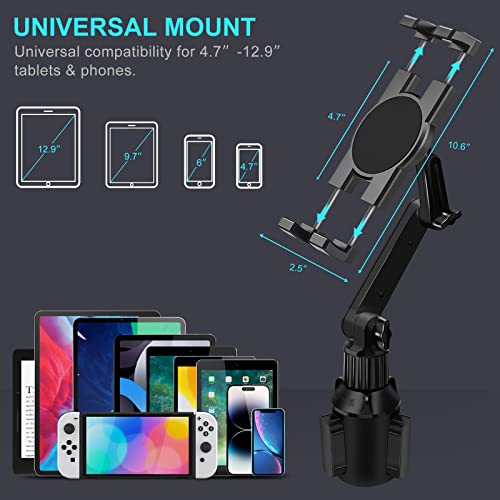 Cup Holder Car Tablet Mount for Truck, 360° Adjustable 15" Long 2-Arm Stand Holder for iPad Pro 12.9/11/10.5/9.7/Air/Mini 6/5/4, Galaxy Tab/Z Fold 6/5/4, iPhone 17/16/Pro, 4.7-12.9" Tab &Phone - size: 15"