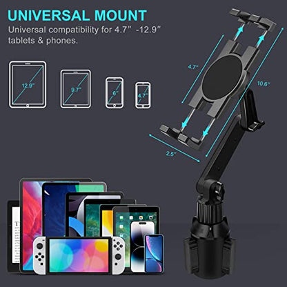 Cup Holder Car Tablet Mount for Truck, 360° Adjustable 15" Long 2-Arm Stand Holder for iPad Pro 12.9/11/10.5/9.7/Air/Mini 6/5/4, Galaxy Tab/Z Fold 6/5/4, iPhone 17/16/Pro, 4.7-12.9" Tab &Phone - size: 15"