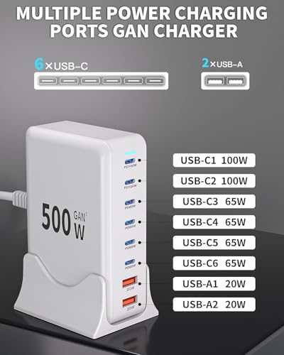 500W USB C Charger Block Charging Station,GaN3 8-Port Fast Charger Block with Dual PD 100W USBC Fast Charging Station Desktop Hub Compatible with iPhone 17 16 15 14/Pro Max/MacBook Pro/Air/iPad(White) - color: White-B
