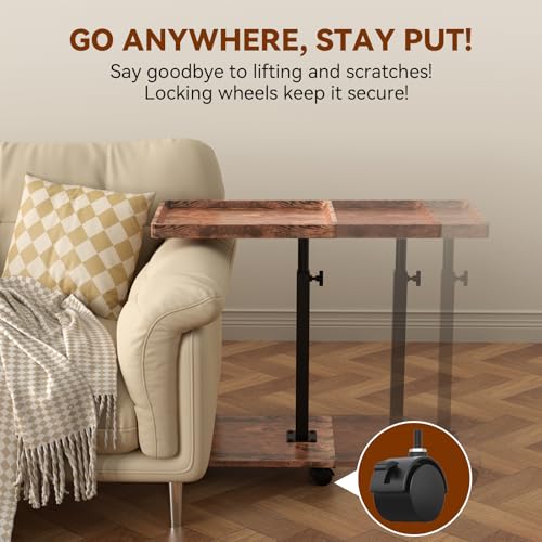 C Table Side Table Adjustable Height, 360°Swivel TV Tray Table with Wheels, Small Table for Eating, Dinner, C Shaped End Tables Living Room and Bedroom for Sofa, Couch, Bed,Chair, Snack