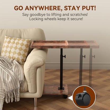 C Table Side Table Adjustable Height, 360°Swivel TV Tray Table with Wheels, Small Table for Eating, Dinner, C Shaped End Tables Living Room and Bedroom for Sofa, Couch, Bed,Chair, Snack