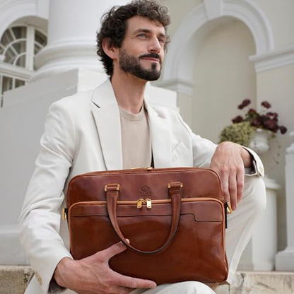 Time Resistance Leather Briefcase - Italian Handmade Leather Laptop Bag - Briefcase for Men and Women - Computer Bag - color: Cognac