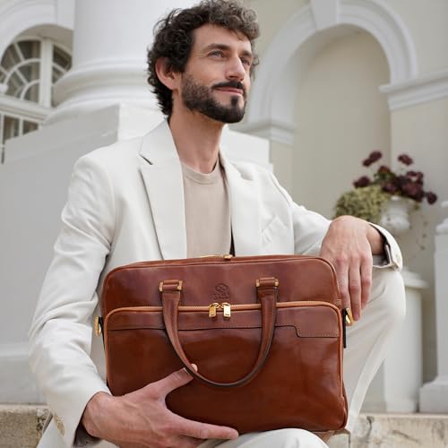 Time Resistance Leather Briefcase - Italian Handmade Leather Laptop Bag - Briefcase for Men and Women - Computer Bag - color: Cognac
