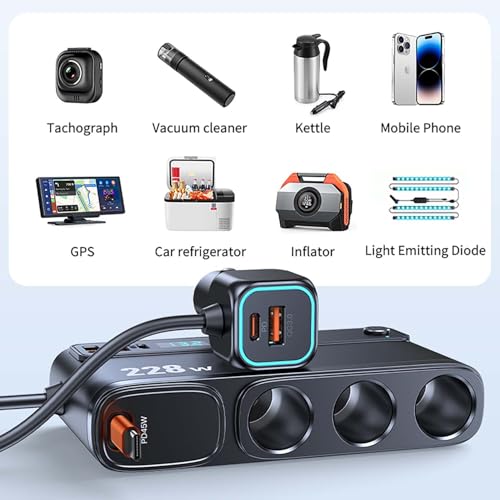 Cigarette Lighter Adapter with 45W Retractable Car Charger Fast Charging | 45W USB C Car Accessories 3 Socket Heavy Duty Truck Car Plug Outlet Splitter Fast Charging 12V/24V Multi Port for Car Devices