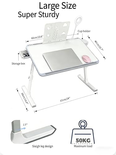Foldable and Adjustable Laptop Bed Table with Hidden Drawer, Cup Holder, USB Voice-Controlled Night Light, White 23.6"x15.7", Suitable for Working, Gaming, and Other uses on Bed and Sofa - color: White