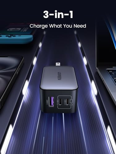 UGREEN Nexode 65W GaN USB C Wall Charger, 3-Port Compact Foldable Fast Charger Power Adapter for iPhone 17/16/15 Series, Galaxy S25/S24, Pixel 10/9, MacBook Pro/Air, Dell XPS, iPad Pro (Black) - color: Black