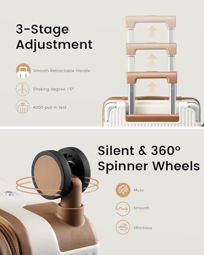 LOVEVOOK Hardside Carry On Luggage 22x14x9 Airline Approved, Small Suitcase | 20 Inch Hard Shell with 3 Multiple Handles, Silent 360° Spinner Wheels With TSA Lock for Trip - color: White&Brown