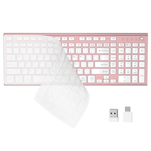 FENIFOX Wireless Silent Keyboard, Ultra Quiet USB C Low Profile Compact Full Size with Number Pad Flat Slim Thin Soft Touch for Mac Computer MacBook iMac PC Laptop Desktop Office (Pink Rose Gold) - color: Pink Rose Gold