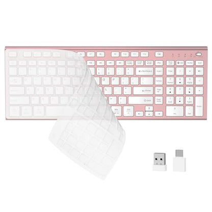 FENIFOX Wireless Silent Keyboard, Ultra Quiet USB C Low Profile Compact Full Size with Number Pad Flat Slim Thin Soft Touch for Mac Computer MacBook iMac PC Laptop Desktop Office (Pink Rose Gold) - color: Pink Rose Gold
