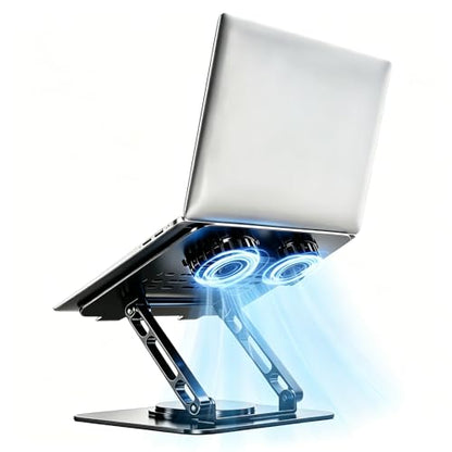 Laptop Stand for Desk with Dual Quiet Cooling Fans - 360° Rotating Base Ergonomic Computer Stand, Heavy-Duty Carbon Steel Laptop Riser Foldable Portable for Office Home (Black)