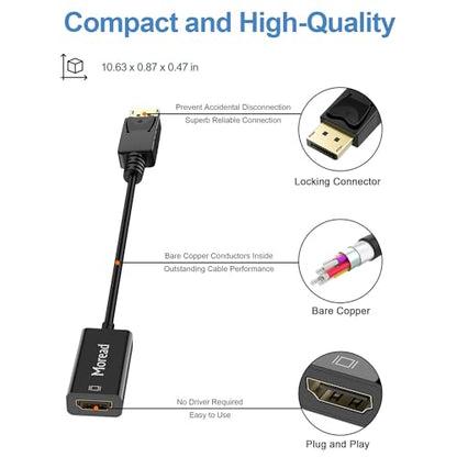 4K DisplayPort to HDMI Adapter, Male to Female, Black | One-way from Display Port (DP) source (computer, desktop, laptop) to HDMI display (monitor, projector, TV); passive design