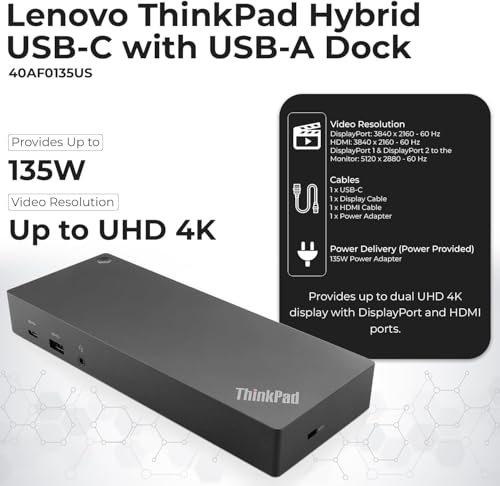 40AF0135US Docking Station Dual Monitor Hybrid USB-C with USB-A - 1 Year Warranty, Thinkpad Dock w/ 135W Adapter, HDMI, DisplayPort, USB-C Cable, Cloth - Laptop Docking Station (Renewed) - style: 40AF0135US Renewed