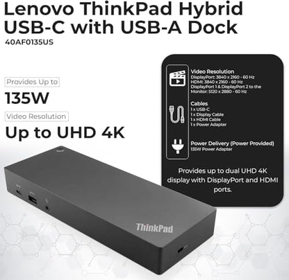 40AF0135US Docking Station Dual Monitor Hybrid USB-C with USB-A - 1 Year Warranty, Thinkpad Dock w/ 135W Adapter, HDMI, DisplayPort, USB-C Cable, Cloth - Laptop Docking Station (Renewed) - style: 40AF0135US Renewed