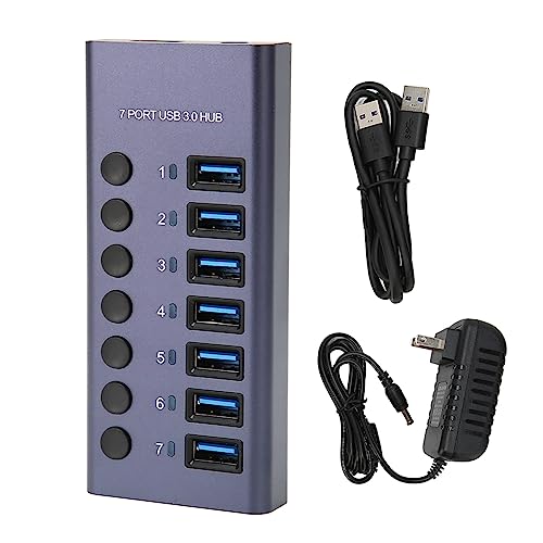 USB 3.0 Hub 7 Ports 5Gbps Fast Transfer Docking Station 5V 2.4A 36W USB 3.0 Splitter with Blue LED Indicator for PC Phone 100-240V (US Plug)