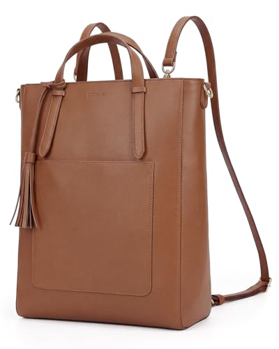 ECOSUSI Tote Bag Convertible Backpack for Women Vegan Leather Handbag Multifuction Shoulder Bag - color: Coffee