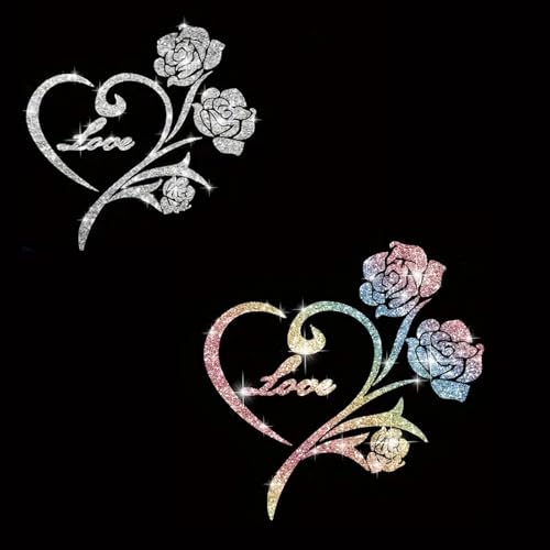 2pcs Sparkling Sunflower Heart Shaped Rose Self-Adhesive PVC Rainbow Glittery Decal Sticker for Cars, Laptops, Trucks, Motorcycles Wall Window Luggage Scratch Cover Door Multi-Surface Decor Sticker