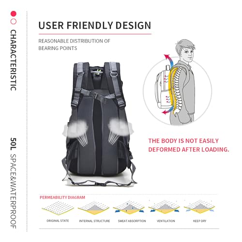 Bseash 50L Hiking Backpack, Water Resistant Lightweight Outdoor Sport Daypack Travel Bag for Camping Climbing Skiing Cycling (Lake Green - No Shoe Compartment) - color: Lake Green - No Shoe Compartment