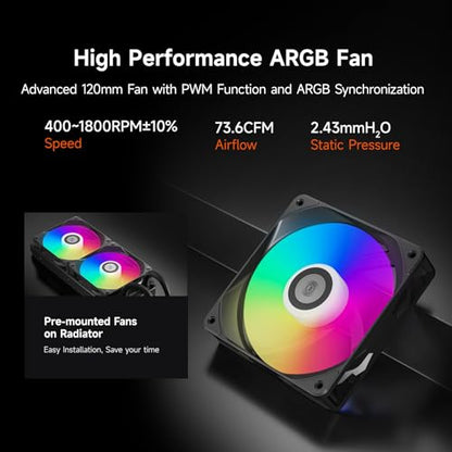 PCCOOLER DA240 240mm AIO CPU Cooler with ARGB Fans, Black | 2600 RPM full-ceramic pump, 2 PWM fans; Intel LGA1851/1700/1200/115X and AMD AM5/AM4 - color: Black