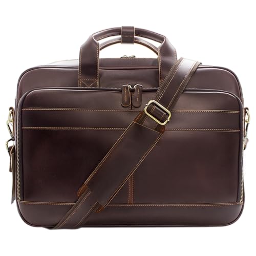 Jack&Chris Full Grain Leather Briefcase for Men, Business Messenger Bag Laptop Bag Attache Case, Fits 15.6 Inch Laptop - color: Mb005-red Coffee