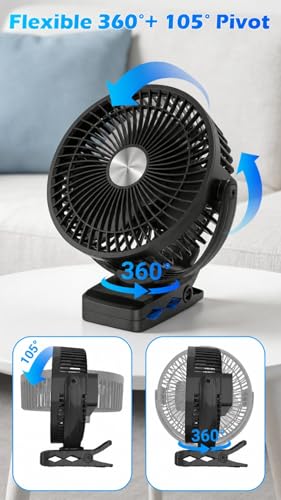 Meudeen 10000mAh Rechargeable Clip on Fan - 6 Inch Portable Fan - with Timer & LED Lantern - Battery Powered Golf Cart Fan - 5 Speeds Quiet Small Desk Fan for Camping - Stroller - Bedroom - color: Deep Black