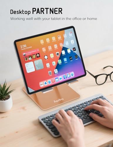 Aoviho Tablet Stand for Desk,Adjustable Tablet Holder,Gold | Stable Aluminum Design, Fits iPad Pro/Air/Mini & Samsung Tablets, Adjustable Viewing, Ideal for Office & Home - color: Gold