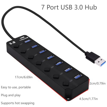 7-Port USB 3.0 Hub Multi Functional 1 to 4 Splitter 5Gbps Data Transfer USB 3.0 Extender with Individual LED Power Switches, for Laptop,PC,Flash Drive,HDD (USB HUB 7 Ports)