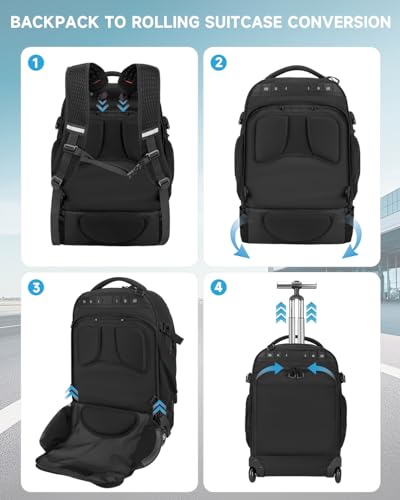 Rolling Backpack, 56L Large Backpacks with Wheels-Splits into Daypack & Laptop Backpack Fits 17 Inch Laptop,Water-Resistant & Carry-On Friendly for College,travel,camping,Weekender Hiking Black - color: Black, style: Rolling Backpack