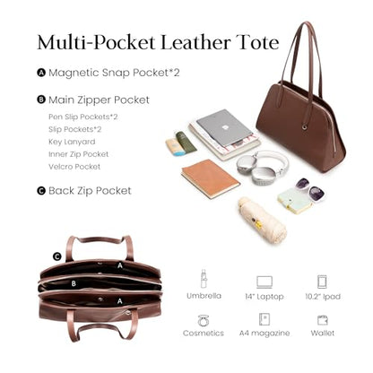 befen Genuine Leather Tote Bag for Women Work Travel Leather Purse Handbags | Real Leather, Padded 14" Laptop Compartment, Multi-Pockets, Zipper, Tote Bag for Daily - color: Z3-dark Brown
