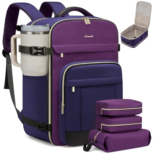 LOVEVOOK 40L Travel Backpack - Carry On & Personal Item for Women & Men, Spacious & Durable with 3 Packing Cubes - color: Blue Purple-purple-black, size: Large-40L-4Pcs