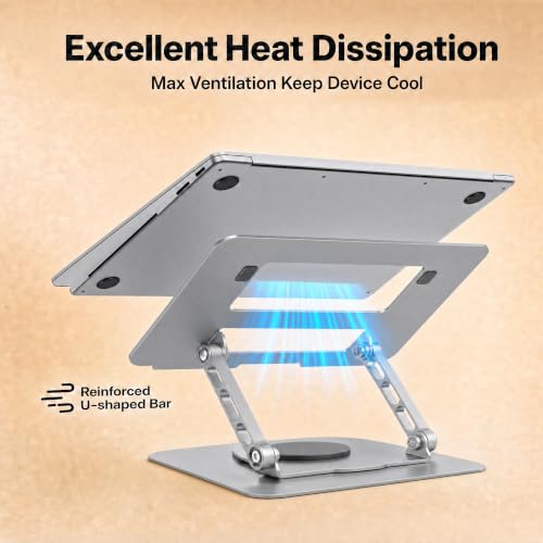 Aluminum Laptop Stand for Desk, Heavy Duty Computer Stand with 360° Rotating Base, Ergonomic Adjustable Height Notebook Riser, Compatible with MacBook Pro/Air, Dell, HP, 10-17” Laptops - Silver - color: Silver