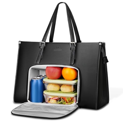 MATEIN 15.6 Inch Laptop Tote Bag with Insulated Lunch Compartment for Women | PU Leather Briefcase, Leakproof Lunch Box Pocket, Convertible Lightweight Design, Computer Work Bag, Office and Travel, Black - color: Black, size: 15.6 Inch