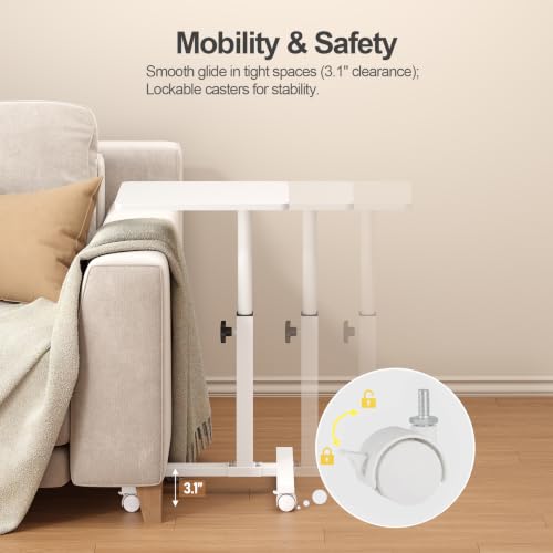TUTOTAK C Table End Table Adjustable Height, TV Tray Table for Small Spaces | 360°Swivel casters, Slide Under Couch Side Table, Sofa Bedside Table for Living Room, Bedroom, White TB01BW099 - color: White