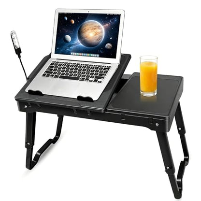 Foldable Laptop Bed Tray Desk Adjustable Lap Table Notebook Desk | Cooling Fan Mouse Board USB Ports LED Light Laptop Stand for Bed Sofa Couch