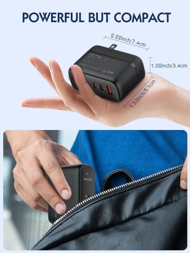 GaN 65W USB C Charger 3 Port Fast Charging Block Travel Charger Wall Charger Universal Travel Adapter EU UK Plug Adapter for MacBook iPad Pro/Air iPhone 15 16 Samsung S24 Laptop Steam Deck