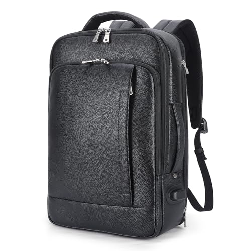 TIDING Men's Leather Business Backpack Fits 15.6 Inch Laptop, Expandable Office Work Casual Daypack with USB Charging Port - color: Black, size: Medium(15.6" laptop)
