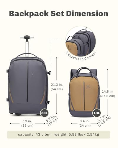 2 in 1 Travel Backpack Set Rolling Backpack with Wheels Carry on Luggage 43L with Personal Item Bag for Men Women 17 inches Laptop Backpack Dark Grey - color: Dark Grey