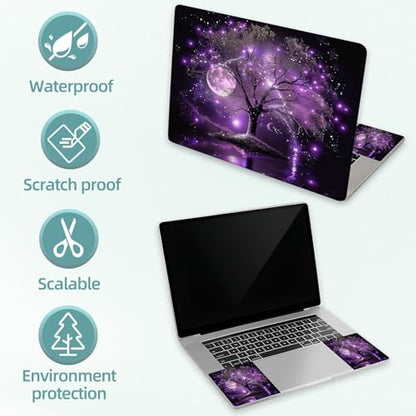 Universal Laptop Skin Decal, 3-Piece Vinyl Protector for 12 13 14 15.6" Notebook, Waterproof Anti-Scratch, Easy Trim & Bubble-Free Finish, Purple Tree with Stars and Moon - color: Purple Tree with Stars and Moon