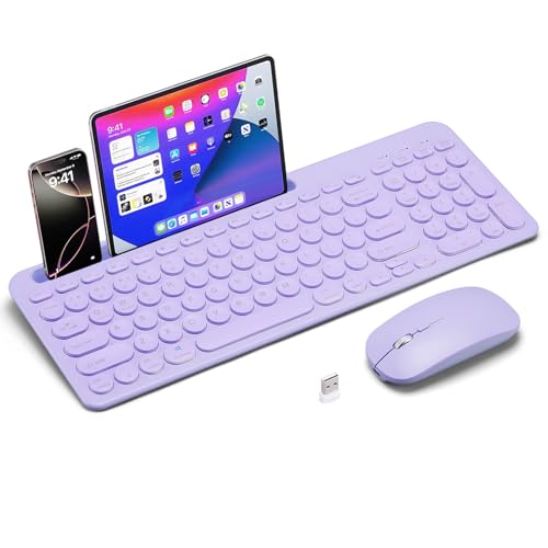 Wireless Keyboard and Mouse Combo with Phone Tablet Holder, Rechargeable Dual-Mode (Bluetooth 5.0 and 3.0 +2.4G) Multi-Device Silent Mouse for Windows, iPad, Tablet, MacOS,iOS,Android (Purple) - color: purple