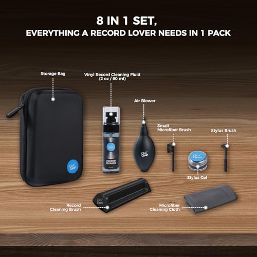 Click Clean 8-in-1 Vinyl Record Cleaning Kit, Complete LP Care Set | Complete Vinyl Care Set with Velvet Record Brush, Stylus Brush, Needle Gel, Cleaning Solution & More, For LPs & Turntables