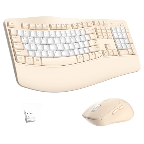 Ergonomic Wireless Keyboard and Mouse Combo, Wave Keys Keyboard with Wrist Rest for Natural Typing, 3 DPI Adjustable Ergonomic Silent Mouse for Computer/Laptop/Windows/Mac (Latte Color-B) - color: Latte color-B