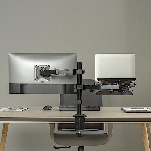 Ewent Monitor Stand Arm with Tray for Laptop for LED LCD Screen from 13 to 32 Inches, Tilt Rotation Ergonomic Table Stand with Clamp, VESA Dimensions: 75 x 75-100 x 100 mm