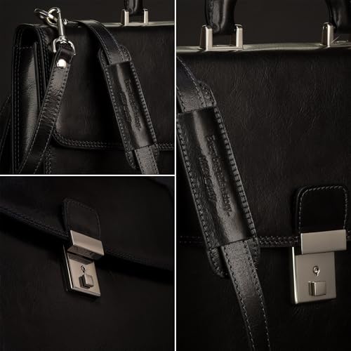 Time Resistance Leather Briefcase - Italian Handmade Leather Laptop Bag - Handbag for Men - Professional Computer Case - color: Black