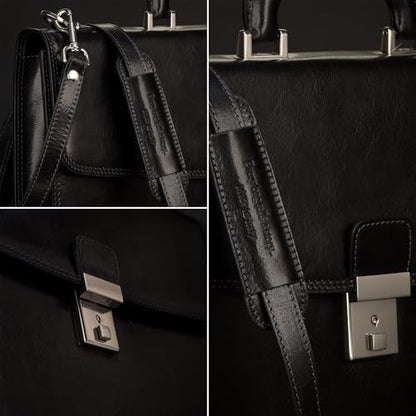 Time Resistance Leather Briefcase - Italian Handmade Leather Laptop Bag - Handbag for Men - Professional Computer Case - color: Black