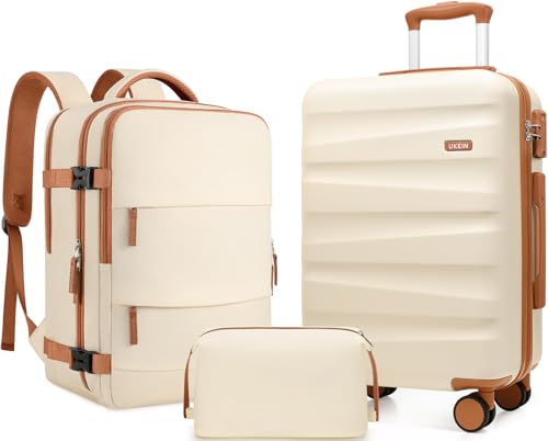 UKEIN Luggage Set with Backpack,Hardshell Carry On Luggage Airline Approved | 20inch Suitcase Set with 360° Smooth Spinner Wheels,TSA Lock,YKK Zippers,Lightweight 3 Piece,Polycarbonate - color: Beige, size: Carry On 3 Piece Set (20inch)