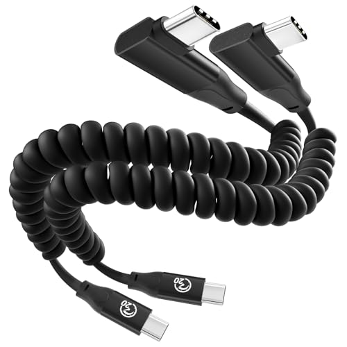 Coiled USB C to USB C Cable Right Angle 1ft 2Pack, 20Gbps USBC 3.2 Gen 2 Data Cable Short, 4K Video & 100W Type C Charger Cord for Android Auto & CarPlay, for iPhone 17 16, Galaxy S25, iPad MacBook