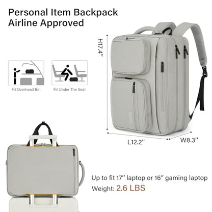 Hanke Convertible Laptop Bag, 3 In 1 Briefcase Backpack for 17.3 Inch Laptop, Computer Work Bag for Men Women, Water Resistant Business Messenger Shoulder Bag for Office Commute Travel, Grey