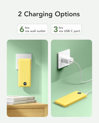 VRURC 10000mAh Power Bank, 22.5W USB C Portable Charger, Yellow | Built-in AC wall plug and cables, LED display, airline approved, slim 8 oz design - color: Yellow