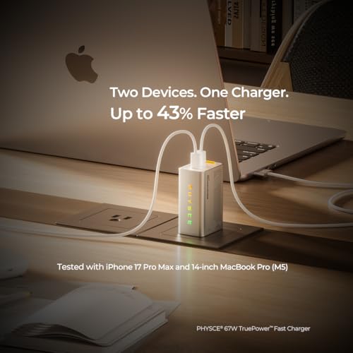 67W GaN Charger, Up to 43% Faster Two-Device Charging, Sustained 65W Dual USB-C Output, Foldable Plug with 360° RGB Status Light & One-Tap Control, for MacBook Pro 14, iPhone 17/16/15, iPad - color: Webb Gray