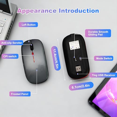 Wireless Bluetooth Mouse Rechargeable Long Lasting Dual Mode - BT 5.2 & 2.4G Silent RGB LED Mice, Slim Portable Ergonomic Mouse for Laptop/PC/Tablet/MacBook/iPad/Apple Devices(Grey) - color: Grey
