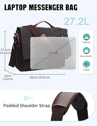 Messenger Bag for Men,Water Resistant Canvas Satchel 14 15.6 17 Inch Laptop Briefcases Business Shoulder Bag by RAVUO - color: 17 Inch-black